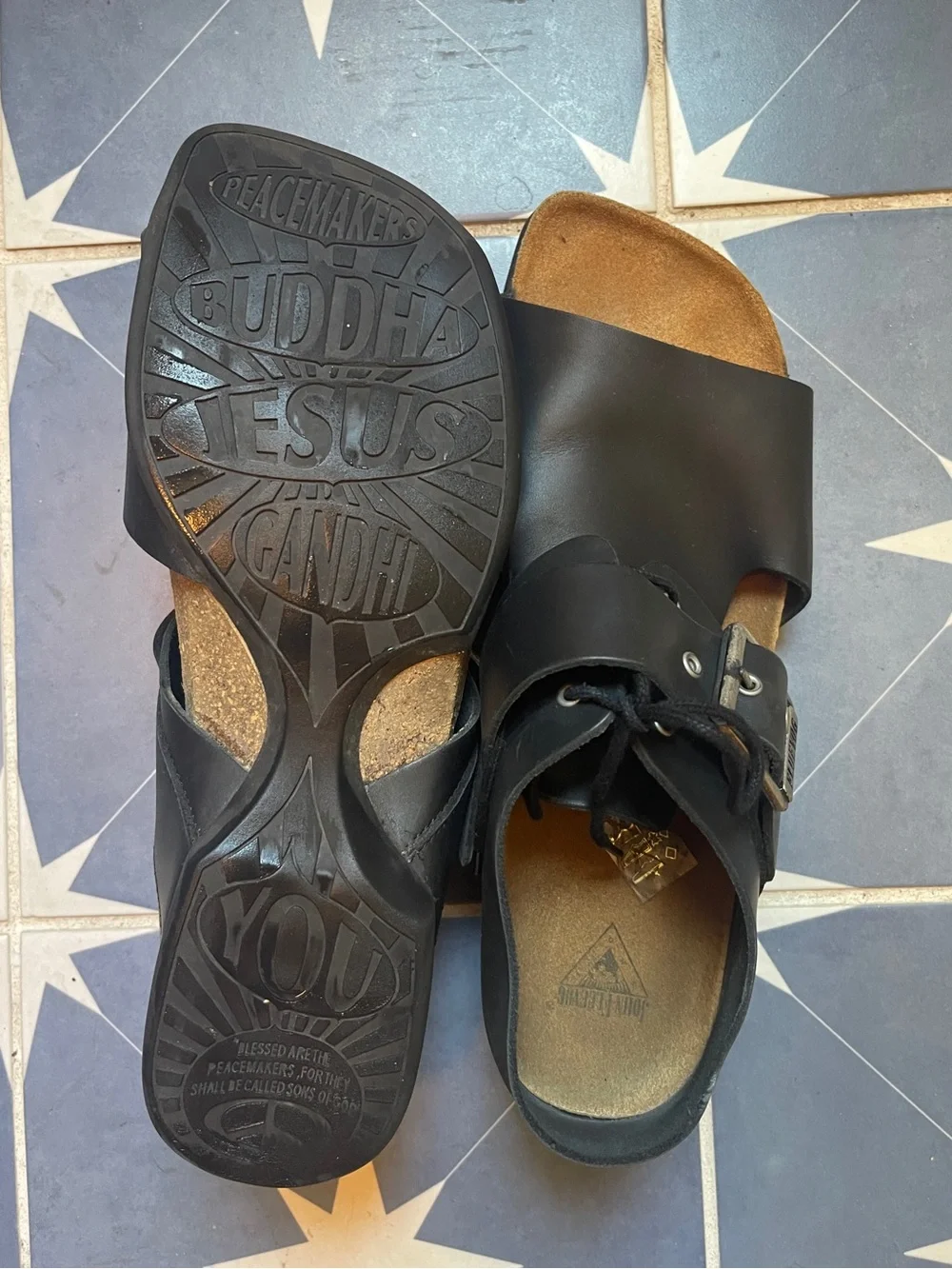 John Fluevog Black Leather Slide Buckle Sandals
